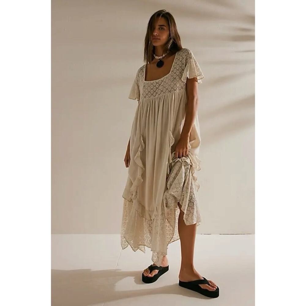 Free People Ethereal Bohemian Bring The Romance Midi Maxi Dress Neutral Large - Picture 4 of 15